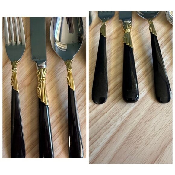 5-Piece Patrick Yamazaki Lindi Flatware Set Black Handles & Gold Accents Japan S - Picture 10 of 10